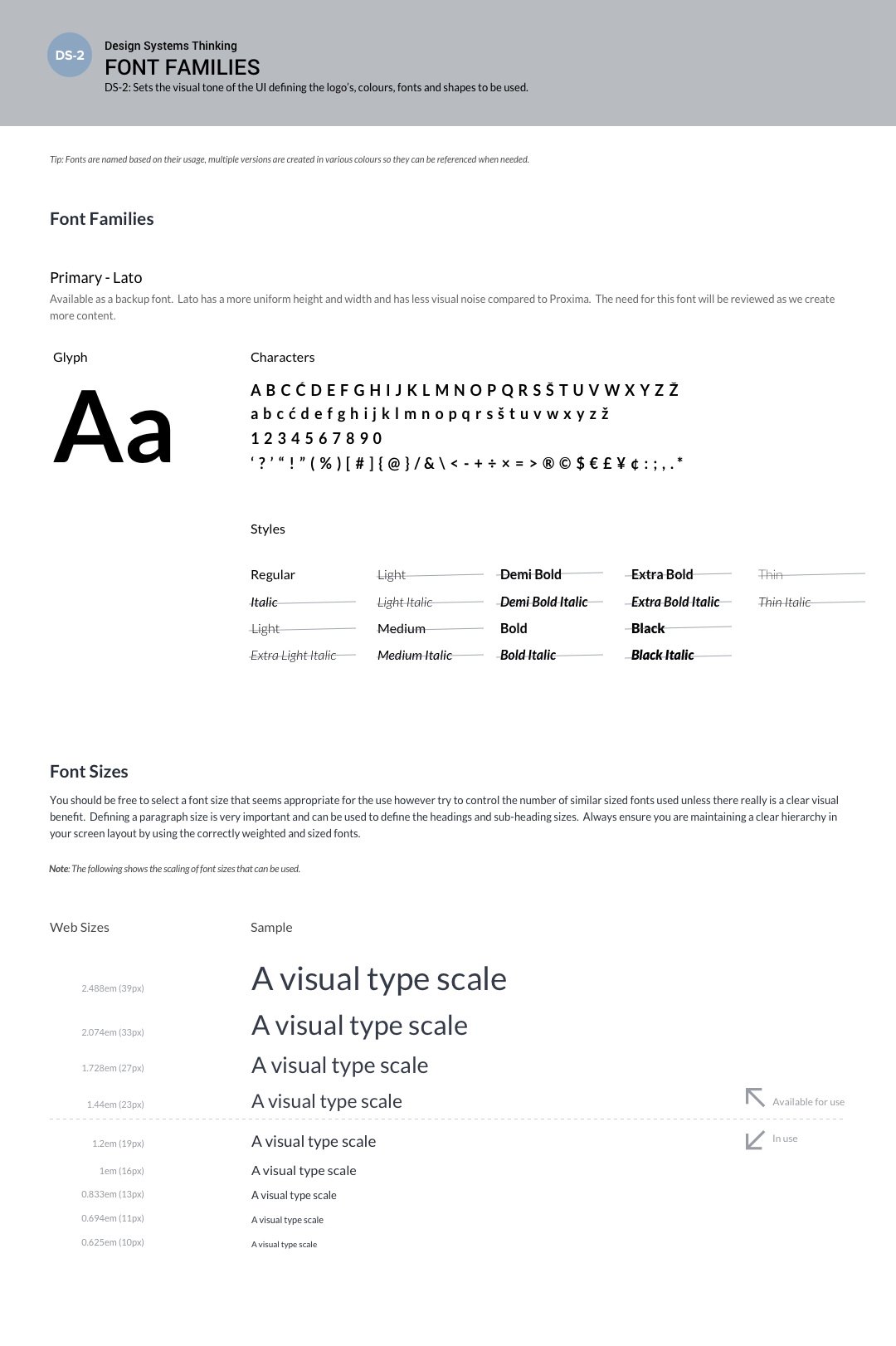 Design system | typography scale, font families, and weight specifications