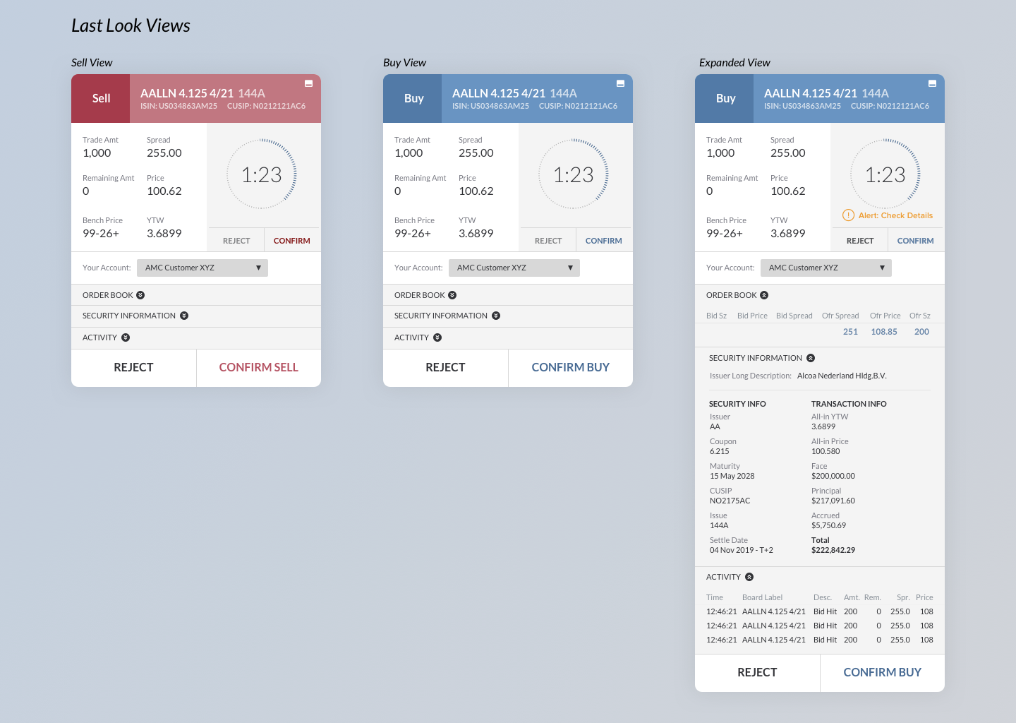 Last look | sell, buy, and expanded views with countdown timer and order book