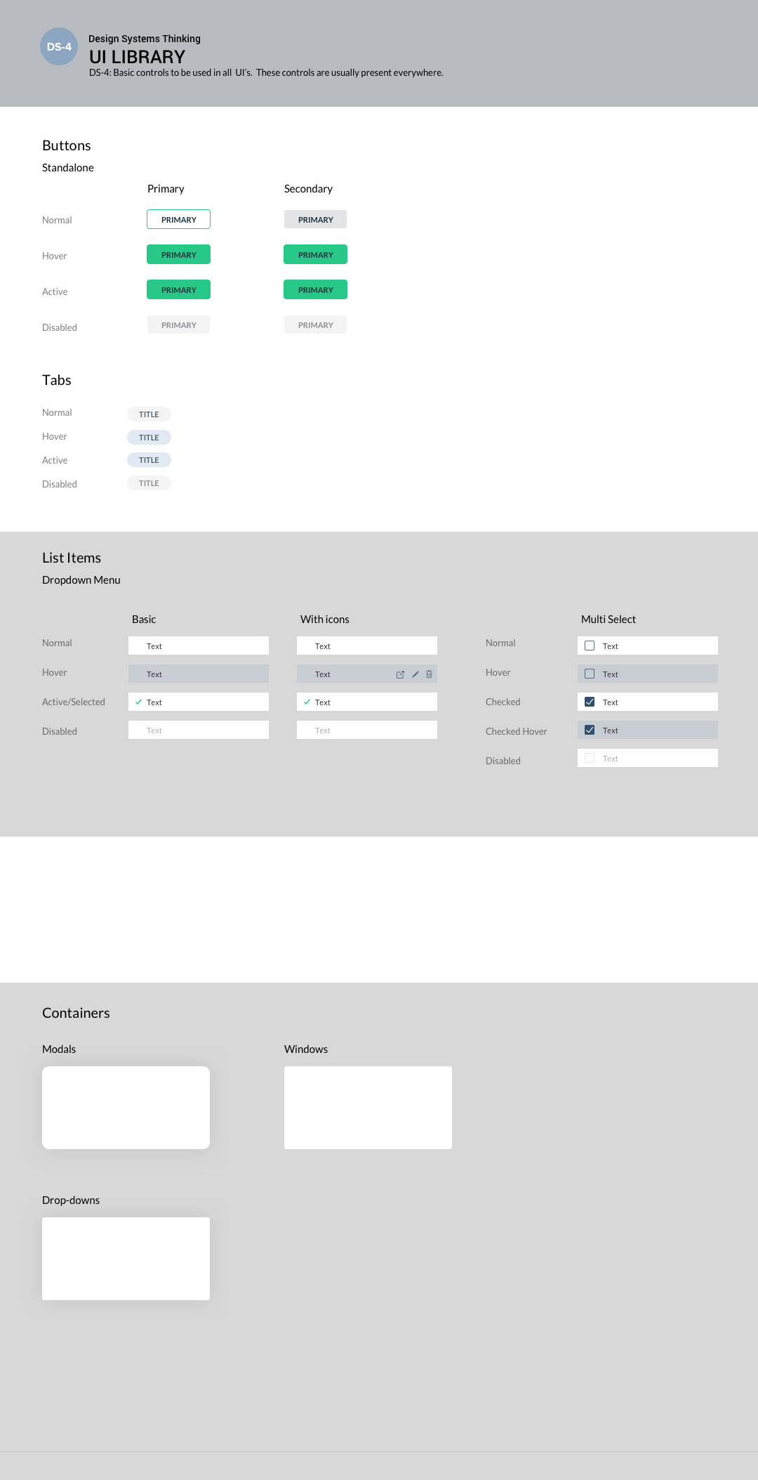 Design system | buttons, tabs, list items, and container components