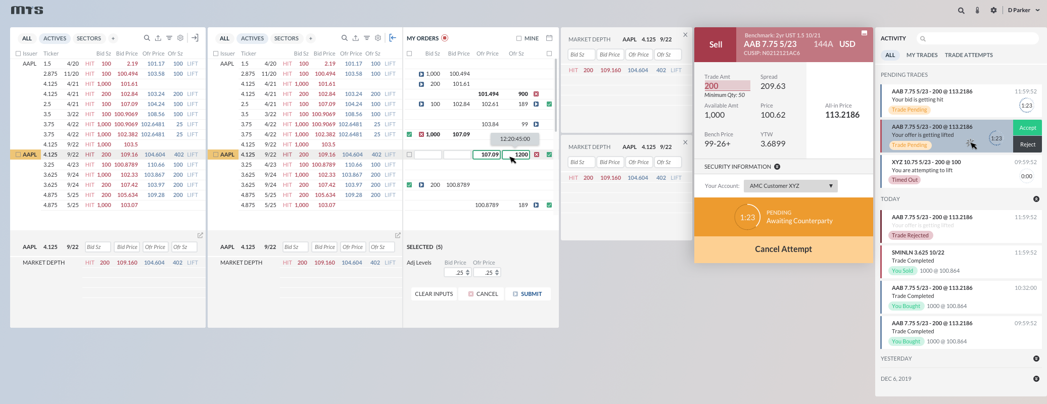 Full platform | dual watchlists, My Orders, market depth, trade ticket, and activity feed