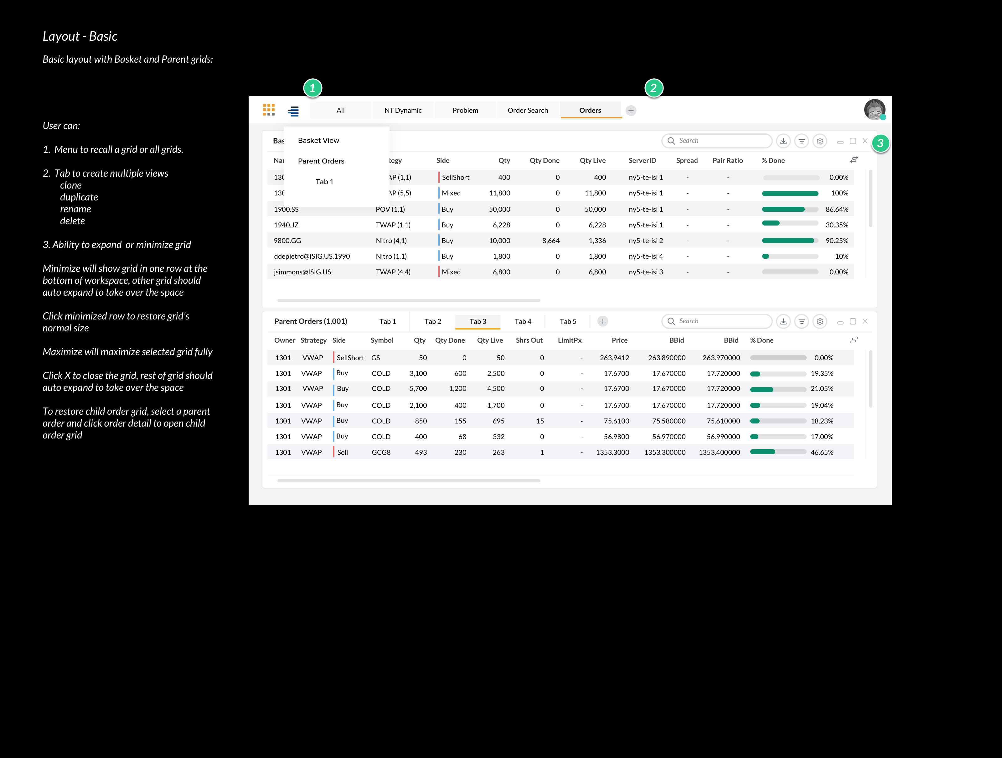 Workspace layout: annotated basket and parent order grid with interaction specs
