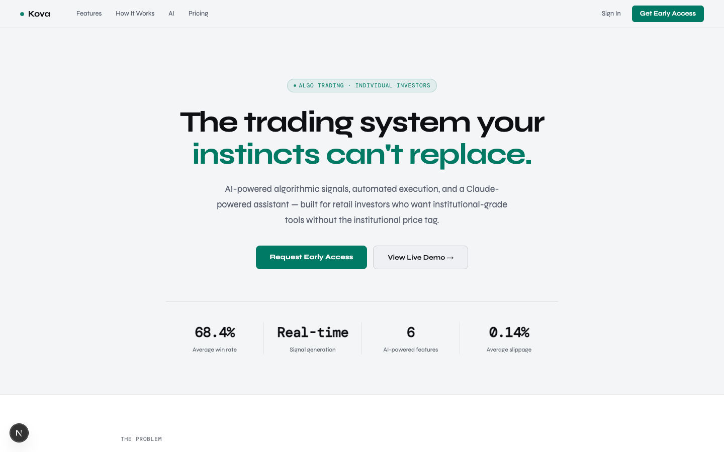Marketing site: trading system positioning with real-time stats and access flow