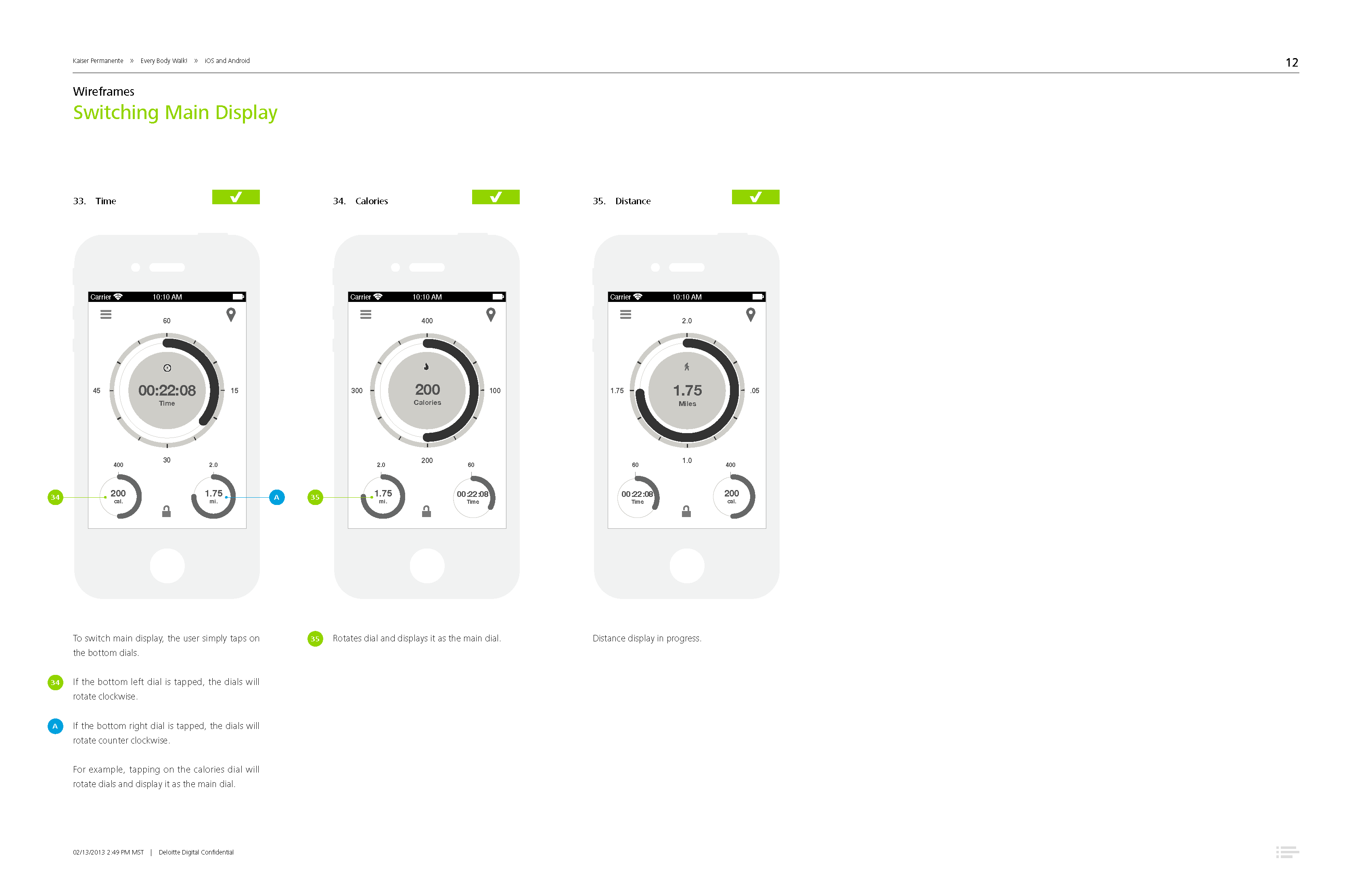 Activity tracker | time, calories, and distance display modes with progress dials