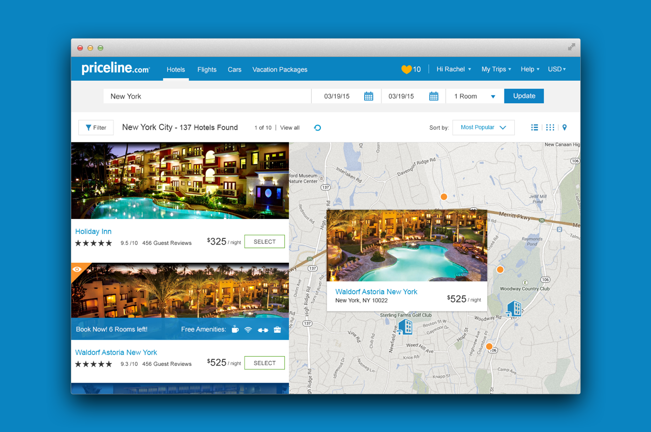Search results with map: split list and map view with hotel previews and pricing
