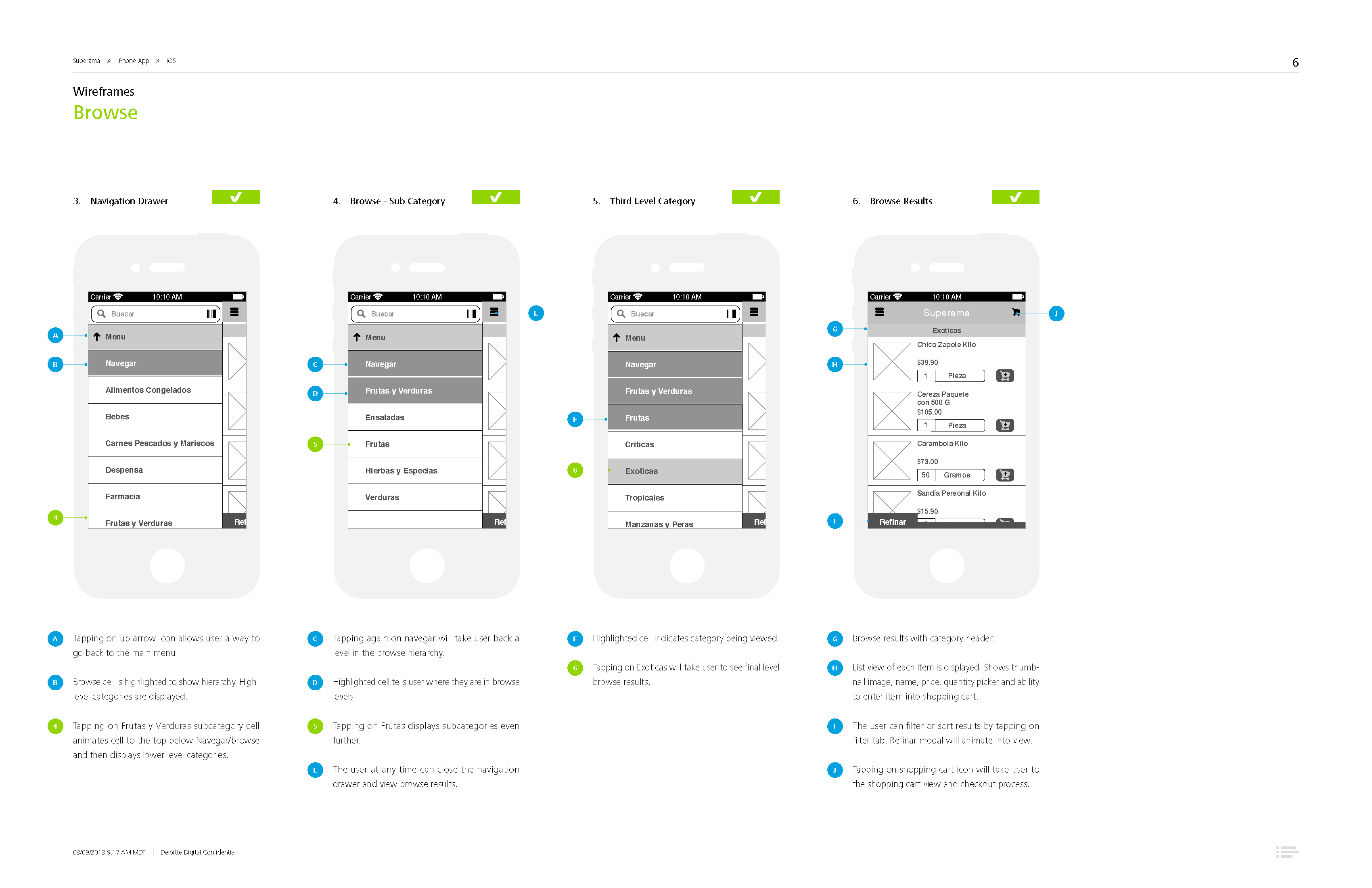 Product browsing: category navigation and product detail cards